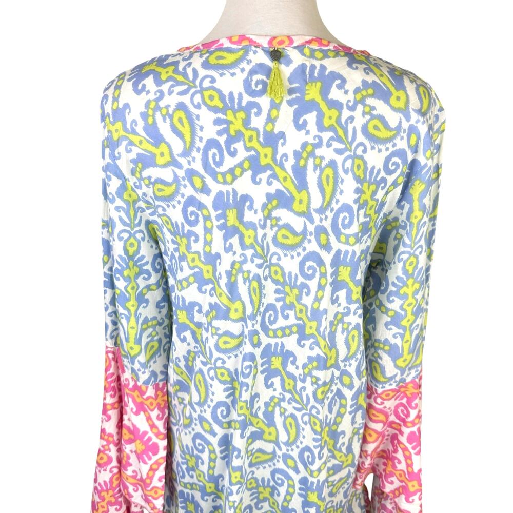 Z&L Pink Blue Ornamental Paisley Colorful Bell Sleeve Coverup Tunic Mini Dress - Picture 6 of 13
